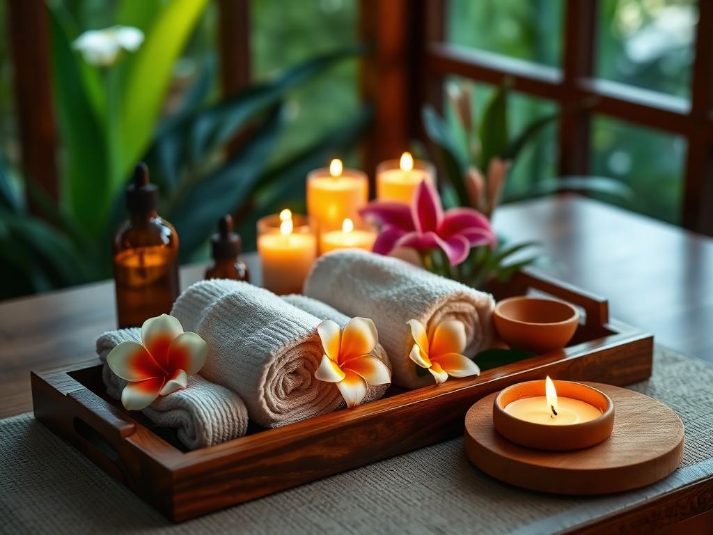 Handuk, lilin, dan minyak spa di atas nampan kayu