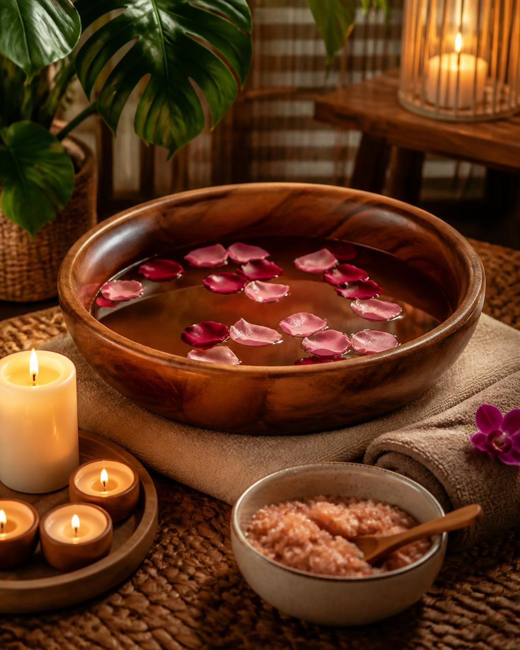Perlengkapan foot ritual: baskom kayu berisi air hangat, kelopak bunga, dan scrub