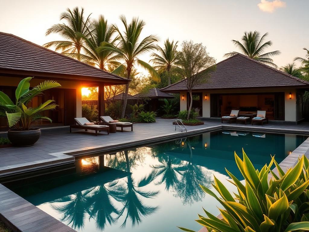 Teras villa mewah di Bali saat matahari terbenam