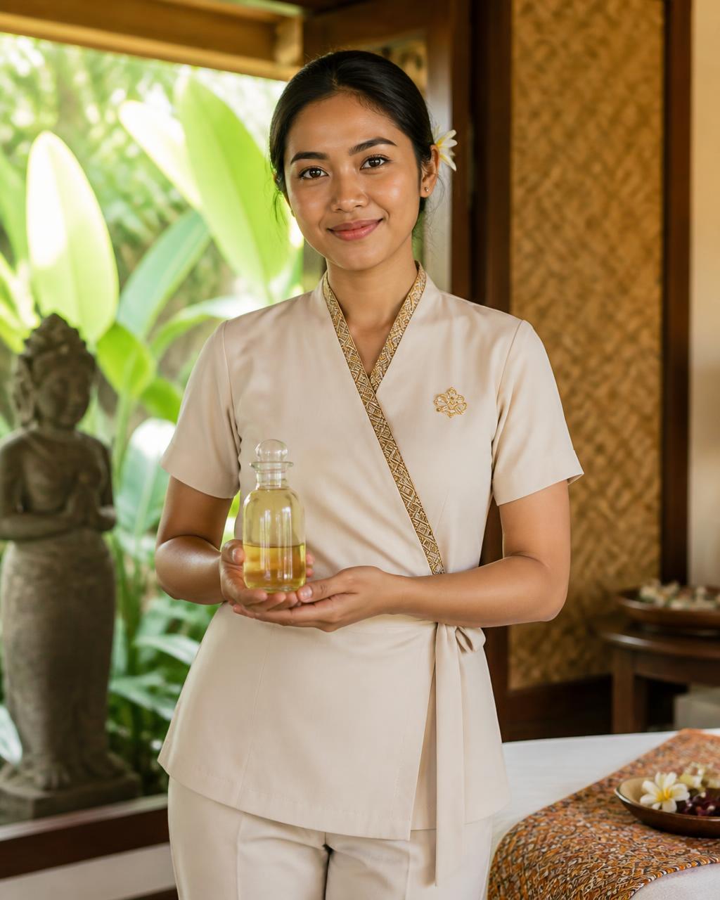Therapist profesional Wahyu Mesari Spa membawa minyak aromaterapi